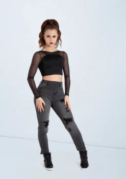 Weissman Lustre And Mesh Crop Top -Dance Clothing Store SH11480 black AH11504 black 1935 86372.1698450578