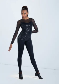 Weissman Long Sleeve Sequin Mesh Top -Dance Clothing Store SQ12457 black 950 52832.1698450692