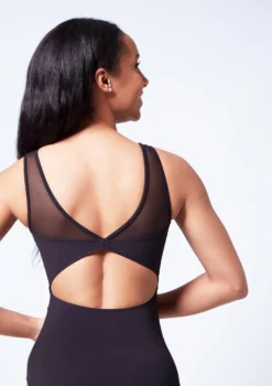 Mirella Open Back Chevron Rib Panel Leotard -Dance Clothing Store mim3107lm black close up back 43149.1679927441