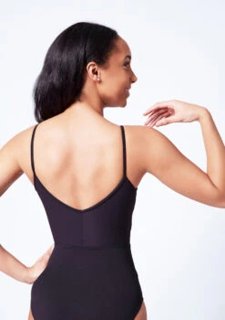 Mirella Camisole Chevron Rib Panel Leotard -Dance Clothing Store mim4043lm black close up back 58070.1679927450