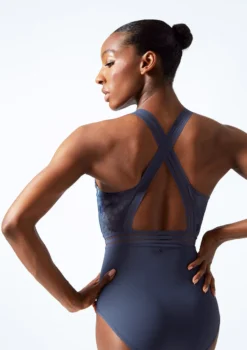 Move Dance Illusia Cross Back Leotard -Dance Clothing Store mol0667 petrol blue close up back 11335.1683070108