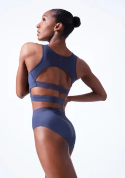 Move Dance Lorien Zip Crop Top -Dance Clothing Store mos0602 petrol blue close up back 62414.1683070442
