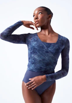 Move Dance Nayu Mesh Wrap Top -Dance Clothing Store moz0627 petrol blue close up front 58134.1683070482